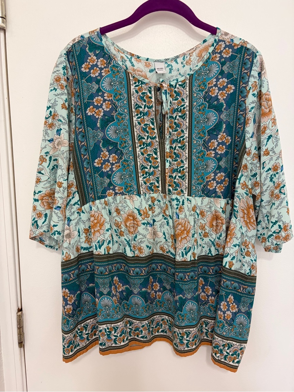 Relaxed Floral Boho Tunic in Teal and Cream
